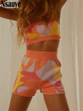 yipinpay 2023 Summer Knitted Print Sports Shorts Suit Tracksuit Women Sexy Beach Outfits Strap Top High Waist Shorts Two Piece Set