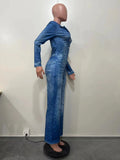 Yipinpay Blue Imitation Denim Jumpsuit Autumn Winter Women's Casual Commute Solid Color Straight Leg Jumpsuit Urban Style