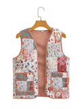 Yipinpay 2024 Ethnic Women Patchwork Floral Print Quilted Vest Sleeveless Coat V Neck Pockets Lady Vintage Waistcoat