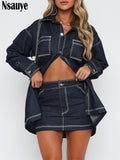 yipinpay Women Fashion Vintage Casual Denim Set 2023 Loose Long Sleeve Shirt Blouse Tops Mini Wrap Sexy Club Skirt Two Piece Set