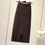 Yipinpay velvet skirt female autumn and winter mid-length knitted one-step skirt split straight winter skirt casual solid long skirt