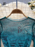 Yipinpay Autumn Mesh Print Playsuits Women O Neck Long Sleeves Slim Y2k Top Fashion Streetwear Open Crotch Sheer Sexy Bodysuits