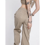 yipinpay Women's Khaki Wide Leg Jeans Star Pocket Vintage Straight Pants High Waist Baggy Streetwear Casual Brown Denim Trouser Ladies