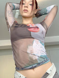 yipinpay Mesh Top Women Streetwear Long Sleeve Graphic Tee See Through O Neck Tops Slim Anime T-shirt Sexy Crop Top Women Clothing