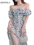 Yipinpay Summer Blue Floral Women's Dress Elegant Chic Fashion Casual Split One Word Shoulder Party Sexy Evening Maxi Long Dresses