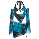 Yipinpay Ladies Summer Sexy Clothes Suit Mixed Color Hanging Neck Tie Up Backless Camisole + Low Waist Short Hip Skirt+Oversleeve Set