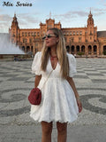 Yipinpay Fluffy Short Puff Sleeve Dress Women White High Waist V-neck Mini Dresses 2024 Summer New Ladies Elegant Vestidos