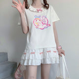 Yipinpay Kawaii White Mini Skirts Women Harajuku Ruffle Lace Bow Patchwork High Waist Pleated Skirt Japanese Style Soft Girl