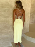 Yipinpay Backless Split Spaghetti Strap Maxi Dress 2023 Summer Women Chic V Neck Sleeveless Dress Casual Solid Vacation Lady Vestido
