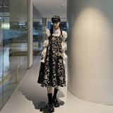 Yipinpay Long Sleeve White Shirt Women Casual Blouse Top + Mid-Length Strap Black Jacquard Dress