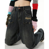 yipinpay Black Women Jeans Ripped American Fashion High Waist Streetwear Style Wide Leg Jean Trouser Female Baggy Denim Pants