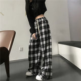 Yipinpay Women Sweatpants Fashion Black Plaid Casual Pants Baggy Elastic Waist Pockets Student Unisex Hip Hop Loose Trousers