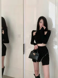 Yipinpay Women Suits Sexy Crop Leather Jacket Black Hollow Shirt High Waist Skirt 3 Piece Zip Skirt Party Girl Elegant Y2k Female Suits