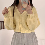 Yipinpay Knitted Cardigan Sweet Korean V Neck Lantern Sleeve Sweaters for Women Fall Wild Simple Cropped Pink Cardigan Coat