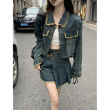 yipinpay Women Blue Denim Jacket Outwear Single-breasted POLO Collar Fashion Vintage Leisure Short Coat Tops Irregular Short Skirt Suit