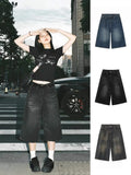 Yipinpay Black Low Waist Washed Denim Short Pants Women Retro Fashion Casual Loose Fit Y2K Streetwear Wide Leg Jeans 2024 Summer