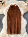 Yipinpay Women Korean Split Sexy Long Skirt 2024 Winter Corduroy Slim Thick Streetwear Fashion Vintage Autumn Bodycon Skirt