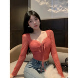 Yipinpay Sweet Girl Red Lace T-shirt for Women's Autumn and Winter Slim Fit Long-sleeved Square Collar Top Fashion Female Clothes
