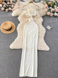 Yipinpay Spaghetti Strap Knitted Beach Long Dress Summer Vintage Hollow Out Sheath Sundress 2024 Elastic Backless Sexy Dress