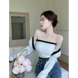Yipinpay Crop Top Strapless Camisole 2 Piece Sets Korean Clothes V Neck White Knitted Cardigan Jacket Twist Sweater Argyle Shawl