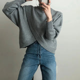 Yipinpay Mujer Half High Collar Cross Irregular Loose Long Sleeve Knitted Thickened Sweater Y2k Top Grey Grunge Sweaters Jumper