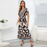 Yipinpay Summer New Large Size Retro Exotic Printed Long Dress Bohemian Seaside Vacation Beach Dress Women