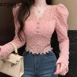 Yipinpay Fashion Shirts Women Puff Loong Sleeve V Neck Autumn Winter Slim Lace Patchwork Crop Tops Female Sexy Elegant Blouse