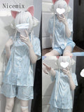 Yipinpay Japanese Cute Water Colored Cat Pajamas Y2K Subcultural Short Sleeve Shirt Women Top Student Shorts Two Piece Set Women