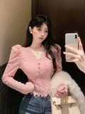Yipinpay Fashion Shirts Women Puff Loong Sleeve V Neck Autumn Winter Slim Lace Patchwork Crop Tops Female Sexy Elegant Blouse