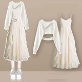 Yipinpay Women's fashion cut-out sweater+suspender Skirt two-piece set Korean Elegant New in Matching Set 2024 Spring Summer Dress Suit