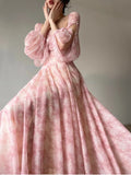 Yipinpay Floral Dress Summer Woman Long Sleeve Chiffon Casual Midi Dress Even Party Elegant Flormal Dress Beach Style 2024 Summer