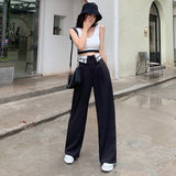 yipinpay Women's Fashion Black Self Cultivation Suit Pants High Waist Straight Mopping Pants Casual Thin Wide Leg Trouser Ladies Spring