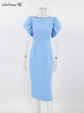 Yipinpay Elegant Blue Bodycon Dresses Women Puff Sleeve Ruched Long Dress Round Neck Office Ladies Split Dress Summer 2023