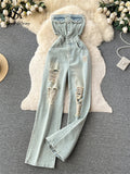 Yipinpay American Retro Streetwear Denim Jumpsuits Zipper Pocket High Waist Wide Legs Ripped Pants Summer Women Slim Rompers