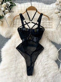 Yipinpay Sexy Hollow Out Playsuits Female Strap Transparent Thin Slim Jumpsuits 2024 Summer Mesh Lace Halter Club Bodysuits