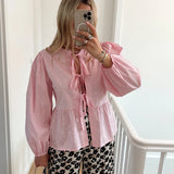 Yipinpay Lace Up Striped Shirts Women 2024 Spring Summer Chic Elegant O-neck Loose Long Sleeve Shirts Female Casual Strret Tops