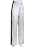 Yipinpay Y2k Silver Sweatpants Women Korean Streetwear Loose Vintage Side Stripe Elastic Waist Track Pants Summer Casual Trousers