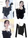Yipinpay Jumper Slash Neck Knitwear 2024 Spring Casual Long Sleeve Knitted Pullover Female Lace-Up High Street Sexy Strapless Tops