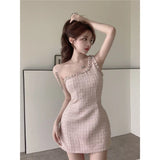 Yipinpay Hip Mini Rhinestone Pink Tweed Plaid Dress Women Korean Chic Vintage Dress Vestidos Mujer Slim One Shoulder