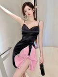 Yipinpay Spaghetti Strap Dresses Women Bow Beaded V Neck Split Patchwork Backless Sexy Party Dress Black Vintage Ladies Fashion