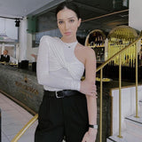 yipinpay Bodysuit Women Top Long Sleeve Body One Shoulder Bodysuits Ruched T Shirt Female Clothing Skinny Streetwear Black Bodysuit