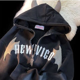 Yipinpay Horn Little Devil Letter Embroidered Zipper Hoodies Women Y2K Street Retro Trend Cardigan Couple Fashion Sweatshirt