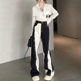 Yipinpay Retro Fashion Y2k Streetwear Black And White Color Contrast High Waist Baggy Jeans Femme Straight Wide Leg Pants Women