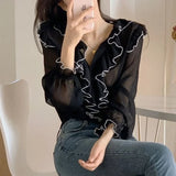 Yipinpay Mujer 2023 Ruffle V Neck Flare Sleeve Shirts Korean Sweet Clothes Chic Top Slim Chiffon Shirts Camisa Women Blouse