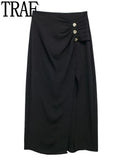 Yipinpay Black Midi Skirt Woman Golden Buttons Long Skirts For Women Fashion 2023 High Waist Slit Skirt Elegant Women's Skirts