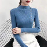 Yipinpay Women Autumn Knitted Slim Sweaters Solid Knitted Female Cotton Soft Elastic Color Pullovers Button Full Sleeve Turtleneck