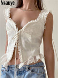 yipinpay 2023 Summer Y2K Patchwork Lace Off Shoulder V Neck Aesthetic Crop Tops Streetwear Sexy Women Vintage Mini Vest Tank Tops