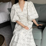 Yipinpay Vestidos De Mujer V Neck High Waist Large Swing Lantern Sleeve White Graffiti Dress Women Vintage Loose Short Minimalism