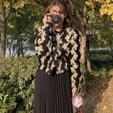Yipinpay Neck Embroidered Jacquard Puff Sleeve Jacket Short Retro Coat + A Line High Waist Black Pleated Skirt 2023 Korean Clothes