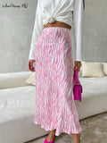 Yipinpay Elegant Women Zebra Printing Skirts Women Pink High Waist A-Line Skrits Office Ladies Satin Flowing Midi Skirts 2023